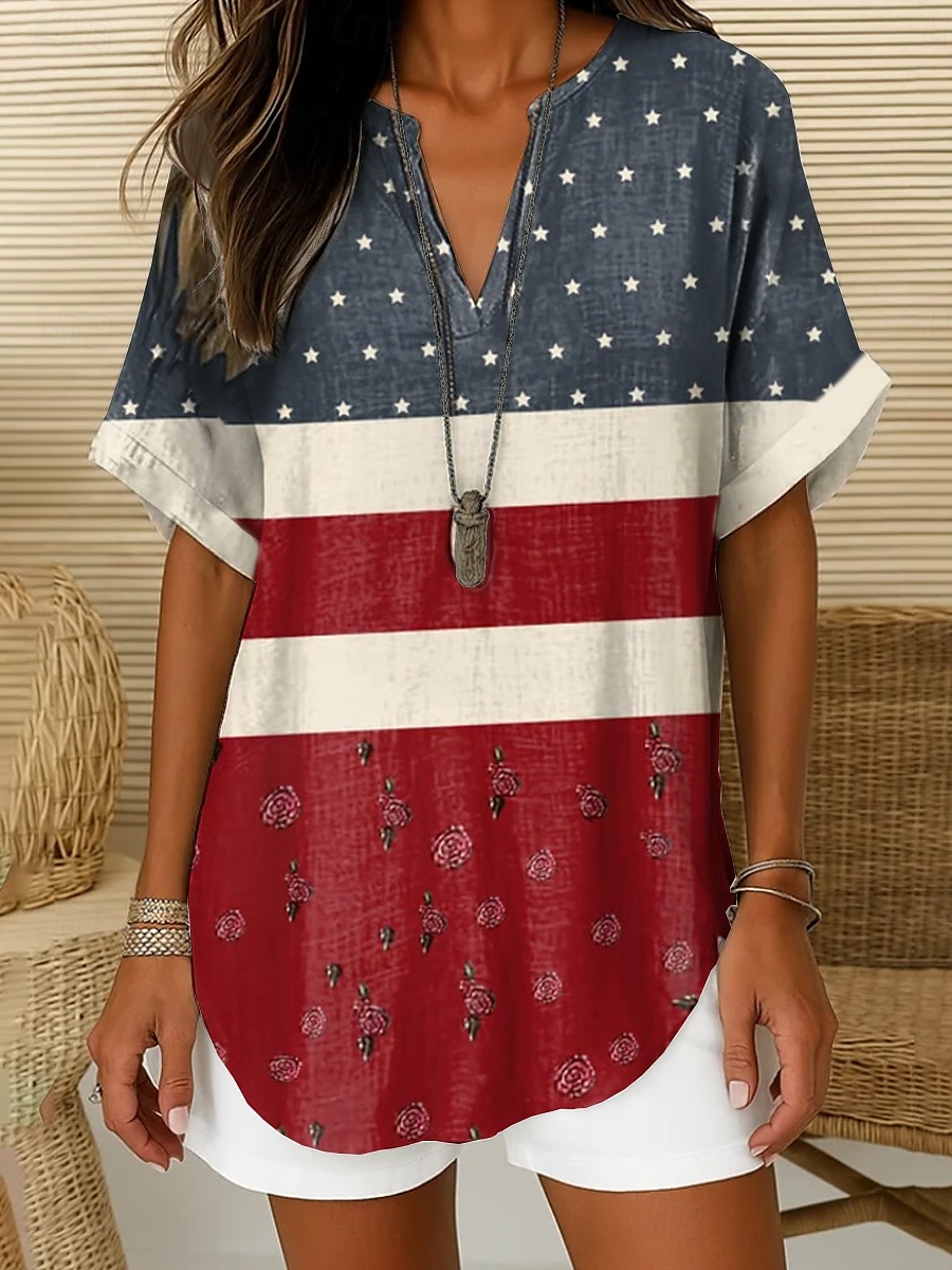 Kvinnepatriotisk Bluse Ombre Grafisk flagg Elegant Vintage Tropisk kortermet V-hals hakket hals vanlige topper daglig ferie hvit rød marineblå himmelblå 2025 - $24.99 –P2
