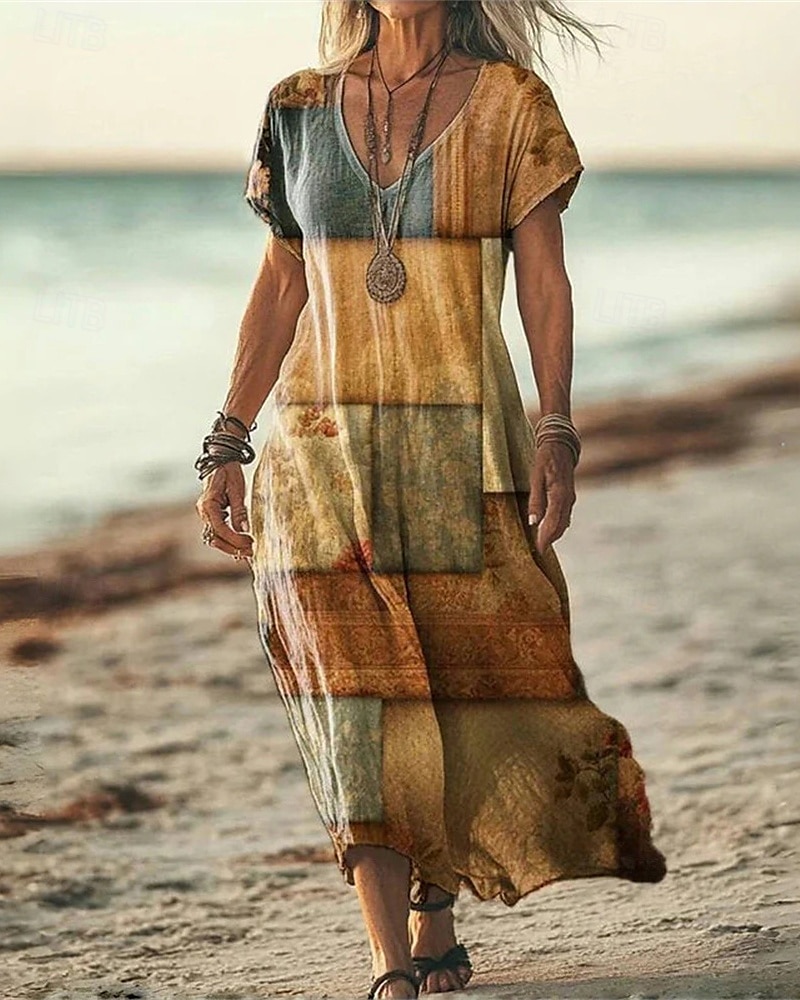 Femmes Robe Longue Maxi Robe Robe Décontractée Robe d'été Mode Extérieur Soirée Fête Coupe régulière Fleur Manche Courte Col en V Jaune Bleu Violet Marron Été de 2025 ? $24.99 –P3