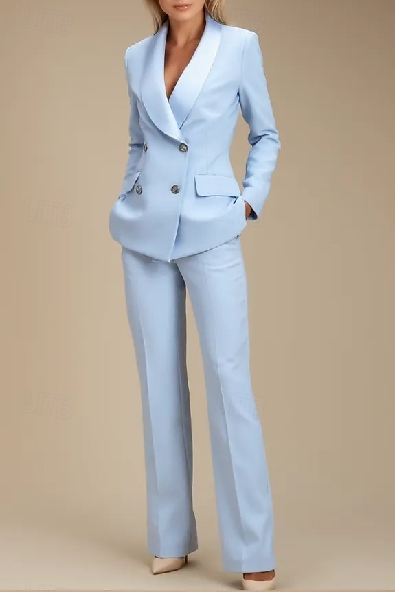 Blauwzwart tweedelig broekpak moeder van de bruid blazerset elegant revers vloerlengte stretchstof lange mouw met knopen effen kleur 2025 2025 - $149.99 –P2