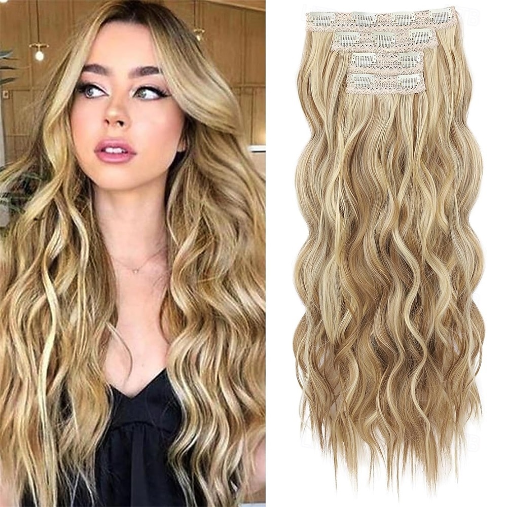 Extensiones de cabello con clip, 4 unidades, 24 unidades, ondas playeras largas y gruesas, trama de encaje invisible, rubio medio con reflejos rubios, HE003 2025 - $26.99 –P1