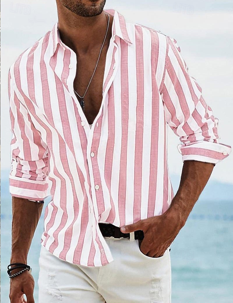 Herren Hemd Sommerhemd Strandbekleidung Knopfhemd Hellrosa Schwarz Rosa Himmelblau Dunkelgrau Langarm Gestreift Kragen Urlaub Kreuzfahrt Bekleidung Mode Freizeit Hawaiihemd 2025 - $24.99 –P1