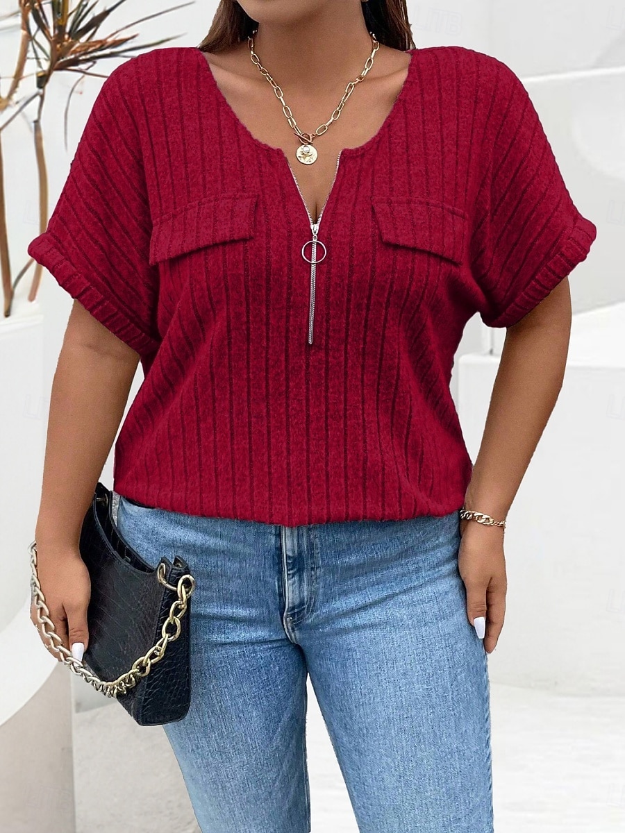Dámské Plus velikost Topy Tričko Pevná barva Zip Kapsy Krátký rukáv Do V Módní Šik ven Na běžné nošení Denní Víkend Polyester Léto Podzim Světlá růžová Fialová 2025 - $23.99 –P7