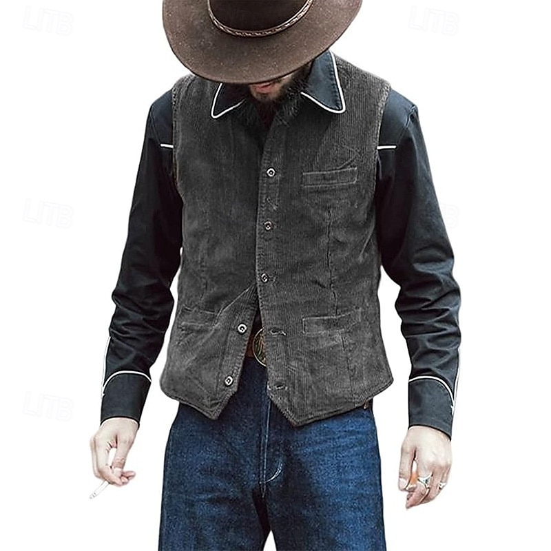 Homme Gilet en velours côtelé Gilet Extérieur Quotidien ancien Printemps Automne Avec Poches Boutons Nylon Confortable Uni Droit 1 bouton Col en V Coupe régulière Noir bleu marine Marron Vert Gilet de 2025 ? $31.99 –P5