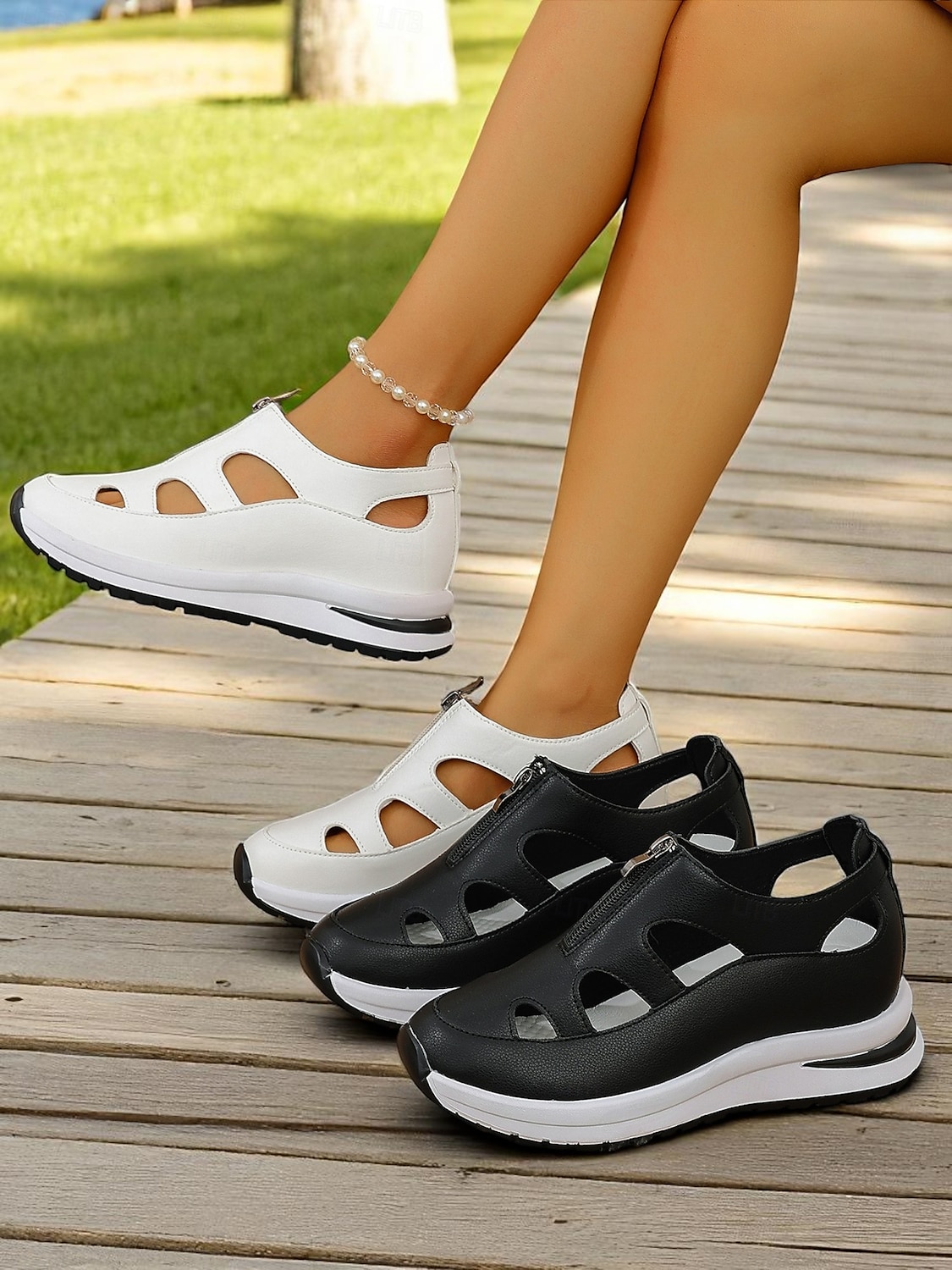 Sandalias deportivas blancas para mujer con diseño recortado, zapatos ligeros con cremallera para caminatas cómodas, viajes activos y recados diarios. 2026 - $29.99 –P1