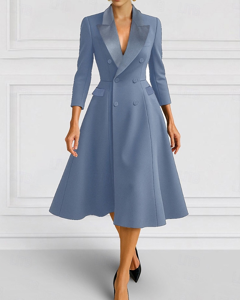 A-Line Blazer Dress Mother of the Bride Dress Tuxedo Dress Elegant Simple Minimalist V Neck Peak Lapel Tea Length Midi Length Flap Pockets Stretch Crepe 3/4 Length Sleeve with Covered Buttons 2025 - $137.99 –P4