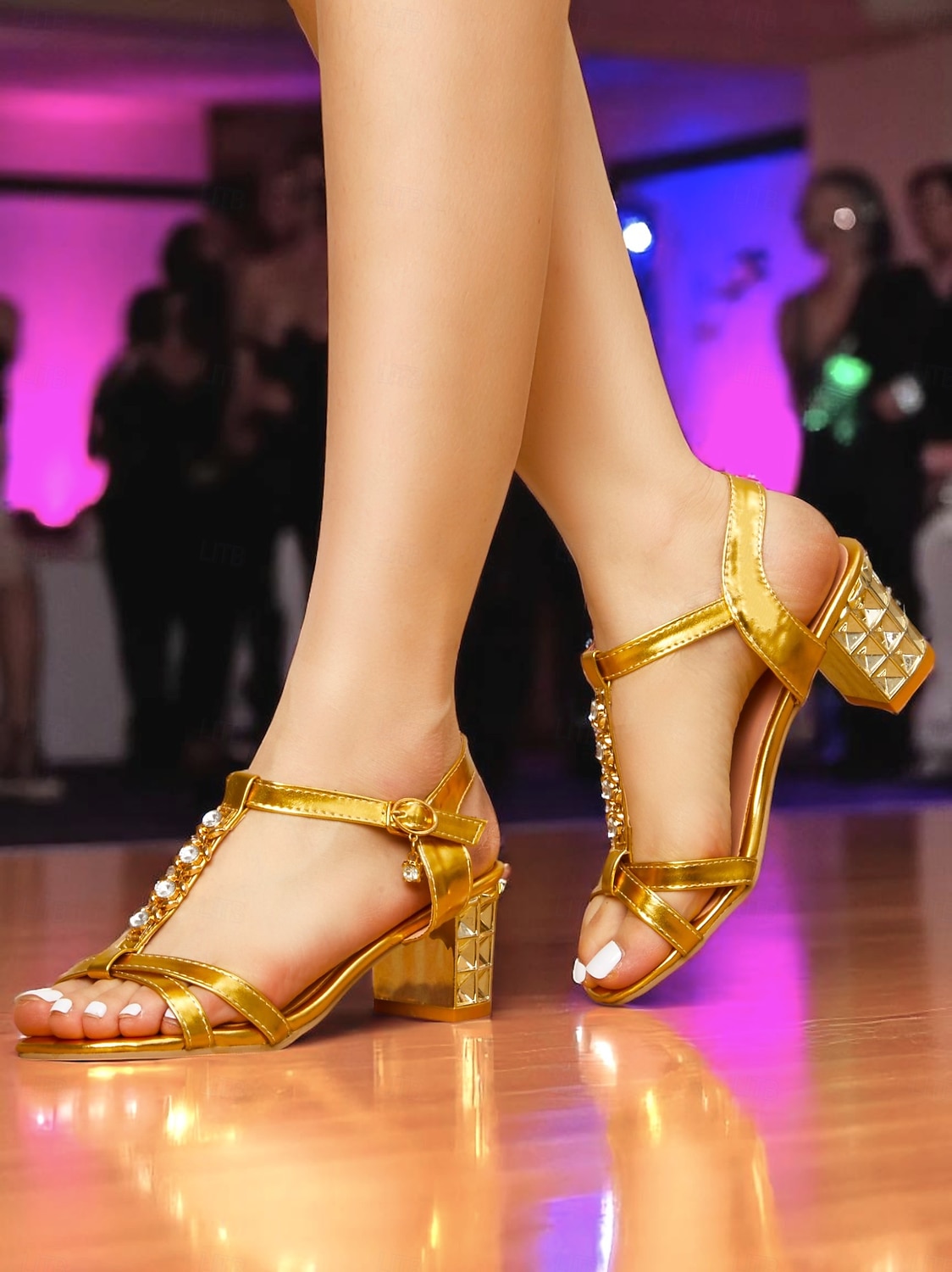 Gouden damessandalen met blokhak en strass-bandje - glamoureuze feestschoenen voor het nachtleven, clubevenementen en speciale avonden 2026 - $42.99 –P7