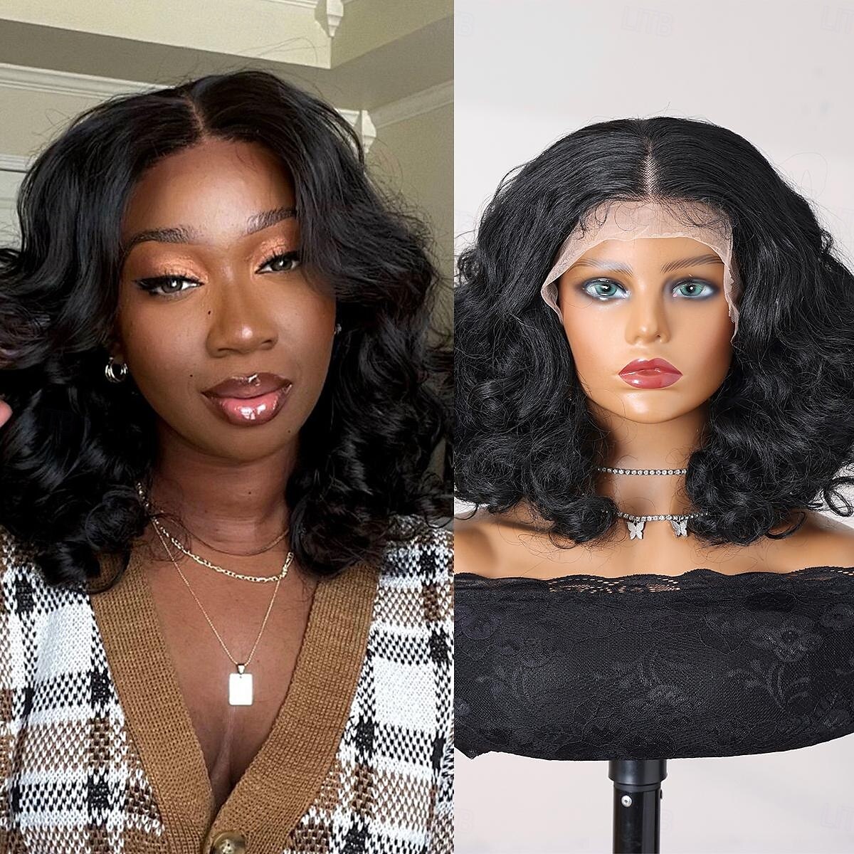 Syntetická krajková paruka Bouncy Curl Styl 12 inch Černá Střední část 13x4 krajka vpředu Paruka Dámské Paruka Černá 2025 - $66.99 –P1