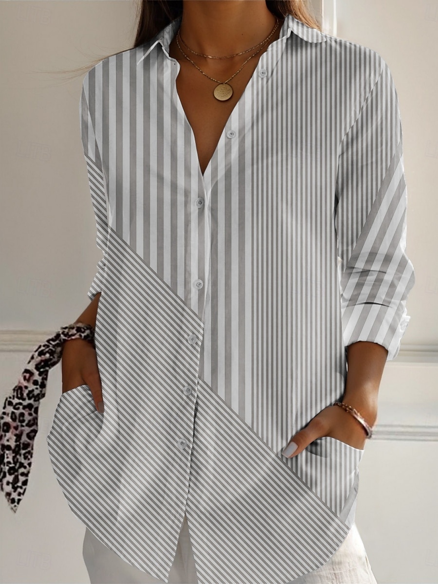 Per donna Camicia A righe Attivo Quotidiano Elegante Manica Lunga Colletto a Camicia Top Regolari Quotidiano Ferie Bottoni Stampato Blu Viola Verde Cachi Grigio Primavera Autunno del 2025 a $25.99 –P4