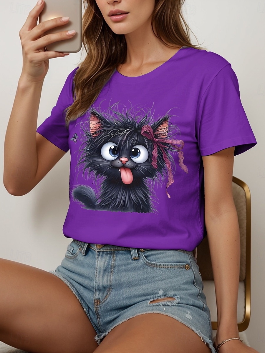 Femmes T-shirt Graphique Animal Chat ancien Élégant Classique Manche Courte Col ras du cou Col rond Hauts Réguliers Quotidien Week-end Imprimé Noir Blanche Rouge Bleu Violet Été Printemps de 2025 ? $19.99 –P8