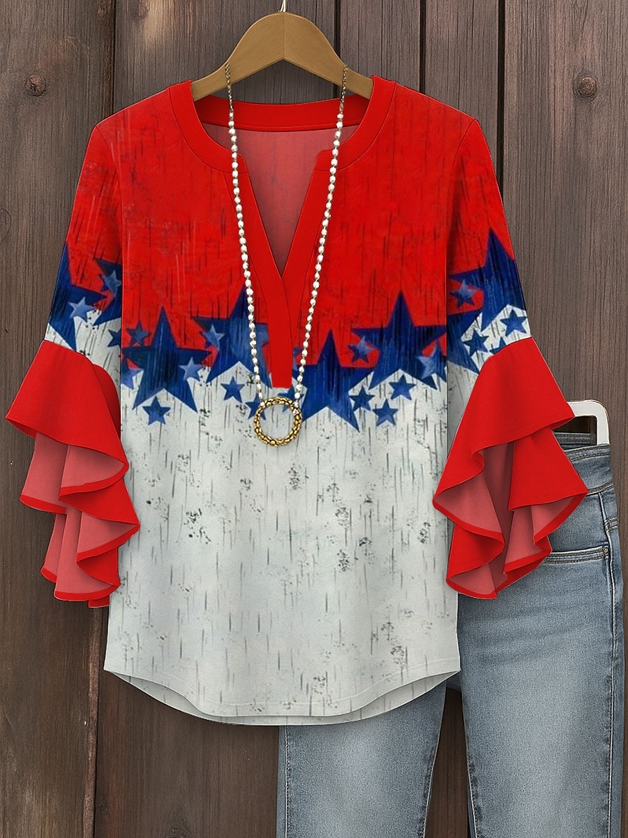 Women's Patriotic Blouse Graphic Flag Vintage Tropical Daily 3/4 Length Sleeve V Neck Regular Tops Daily Holiday Vacation Wear Print Red Fuchsia Green Summer Spring 2025 - $29.99 –P1