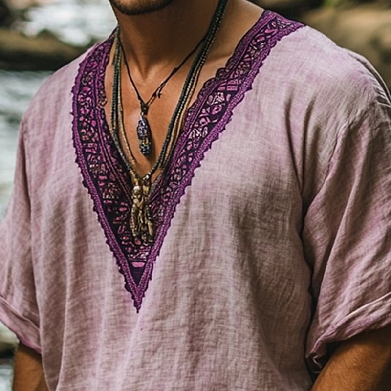 Herren Leinenhemd Sommerhemd Vintage-Shirt Kurzarmshirt Ethno-Hemd Patchwork Urlaub Straße Purpur Kurzarm V Ausschnitt Sommer Bekleidung Ethnisch & Religiös 2025 - $23.99 –P2