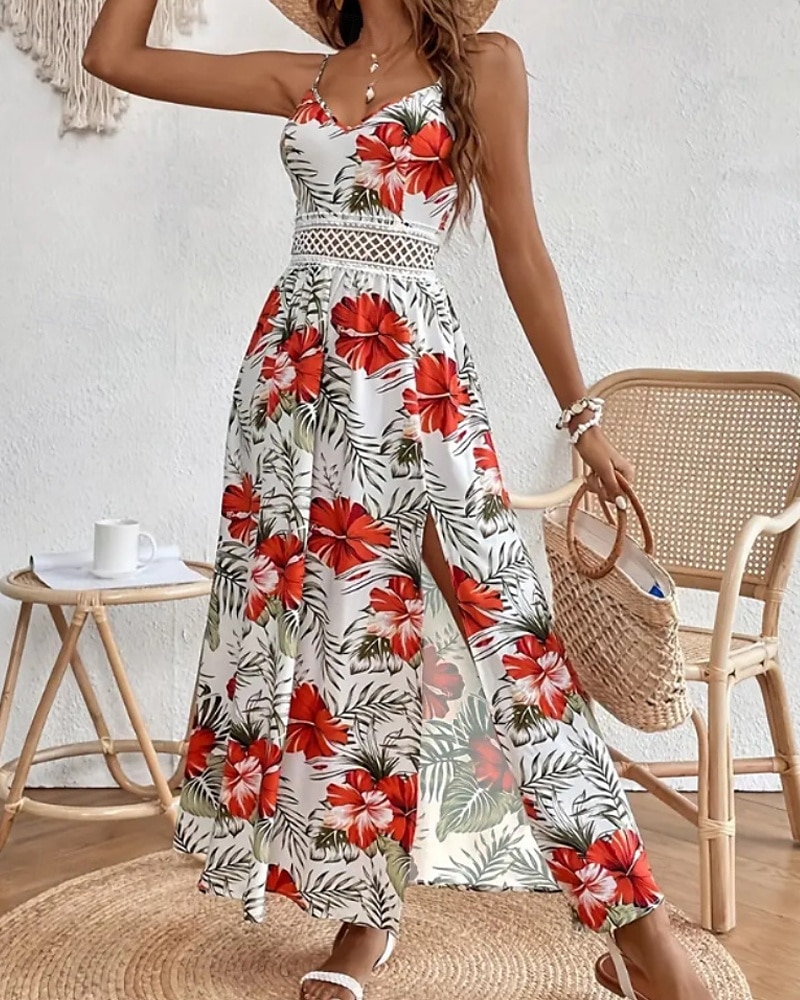 Dámské Midi šaty Květinové šaty Letní šaty Slip Dress Šaty s potiskem Módní Klasické Moderní Dovolená Denní Jdeme ven Běžný Květiny Bez rukávů Popruhy Rubínově červená Vodní modrá Trávová zelená Léto 2025 - $24.99 –P10