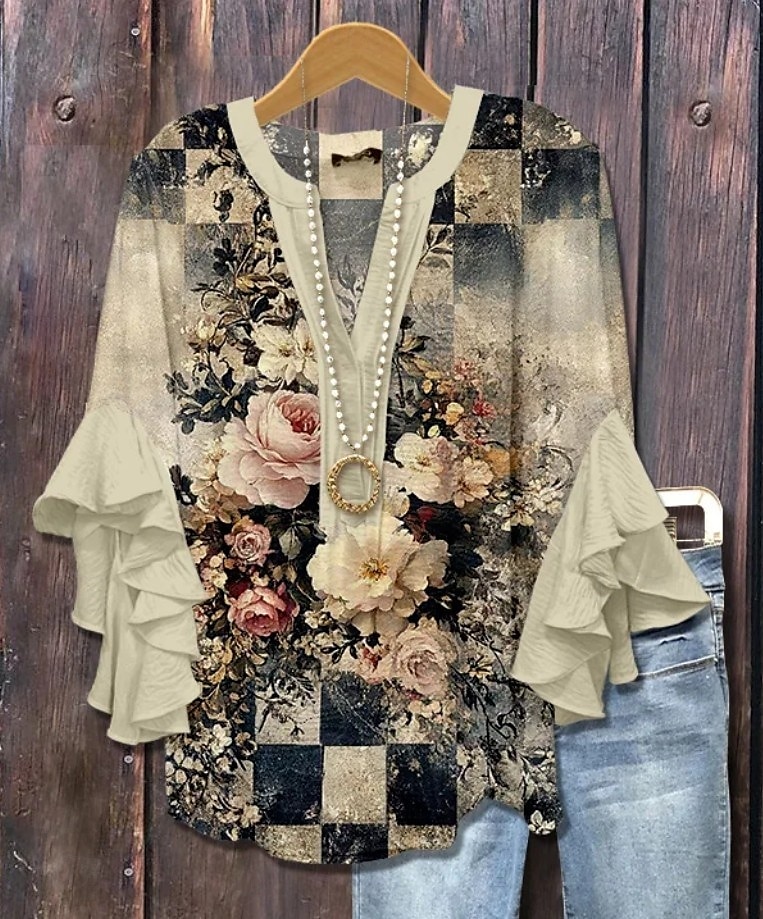 Damen Bluse V-Ausschnitt Blumen Grafik Elegant Bohemia Ethnisch 3/4 Länge Ärmel Reguläre Tops Täglich Urlaub Ferien Kleidung Rüsche Print Pink Blau Grün Khaki Sommer Frühling Herbst 2025 - $29.99 –P4