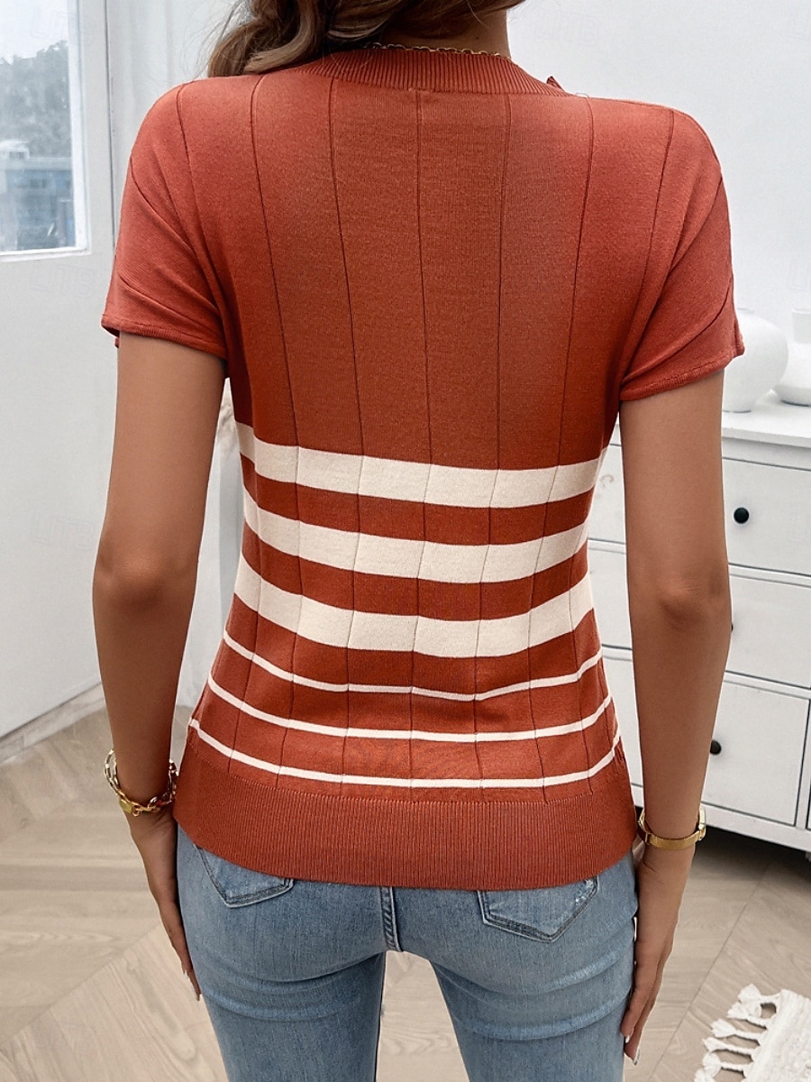 Dame Bluse Stripet Stilfull Fritid Kortermet Crew-hals Vanlige topper Daglig Lapper Svart Hvit Brun Kakifarget Sommer 2025 - $28.99 –P3