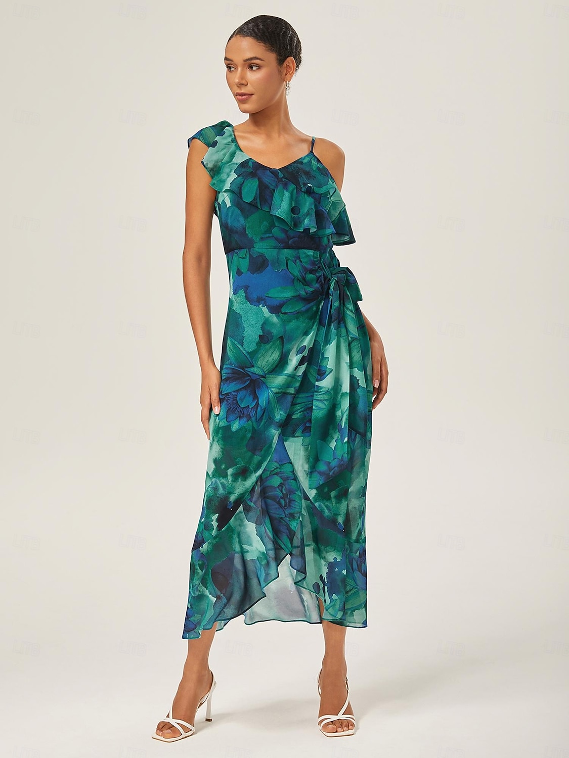 robe midi nouée sur le devant à volants en mousseline de 2025 ? $82.99 –P4