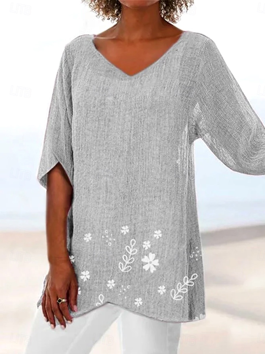 Damebluse Langermet Asymmetrisk Hem Floral Grafisk Blad Hawaii Stilfull Casual 3/4 Lengde Ermer V Hals Vanlige Topper Daglig Ferie Utendørs Trykk Asymmetrisk Hem Gul Lys Lilla Fuksia 2025 - $25.99 –P1