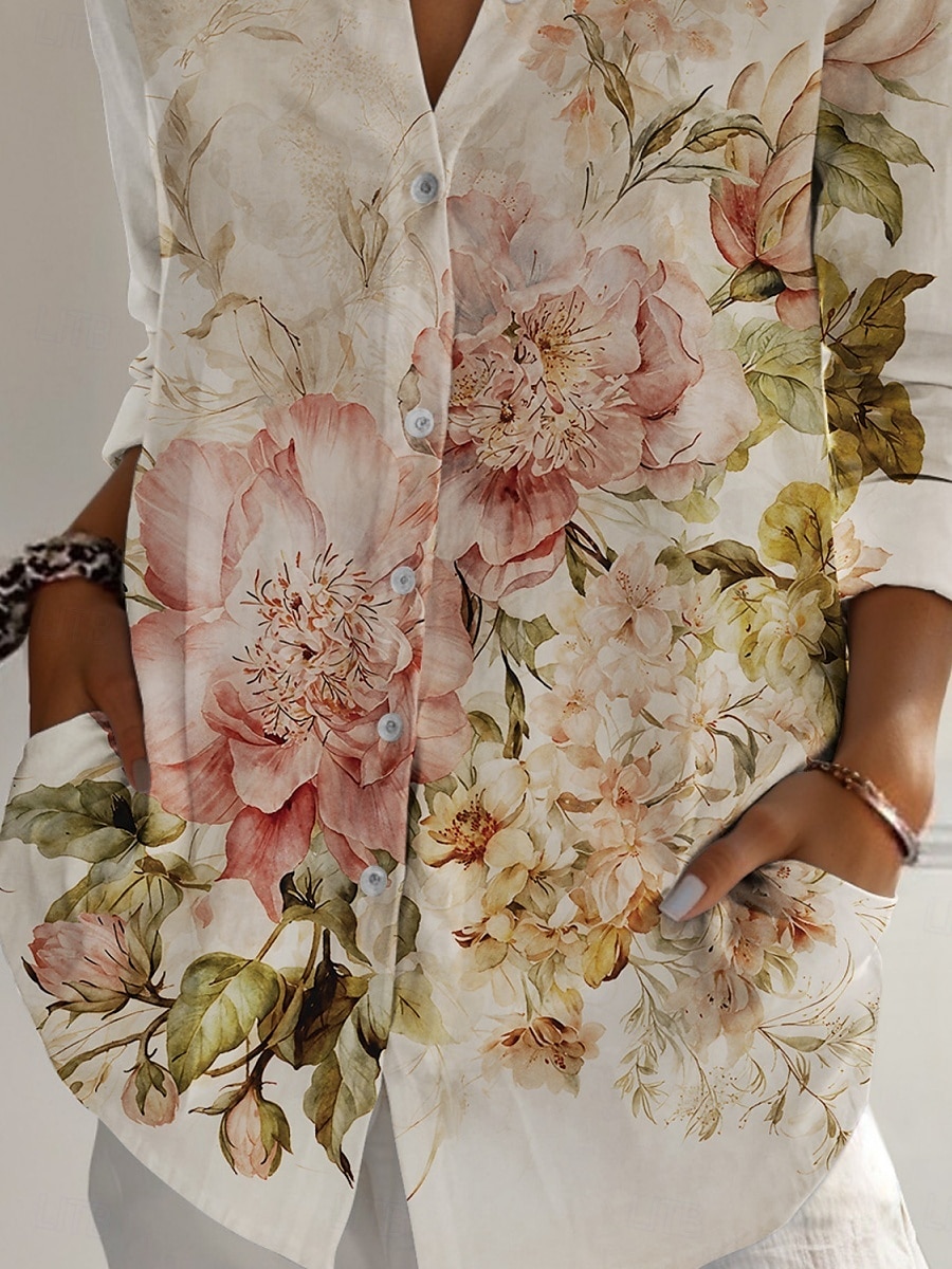 Femmes Chemise Fleuri Actif Quotidien Élégant manche longue Col de chemise Hauts Réguliers Quotidien Fête Boutons Imprimé Kaki Printemps Automne de 2025 ? $25.99 –P3