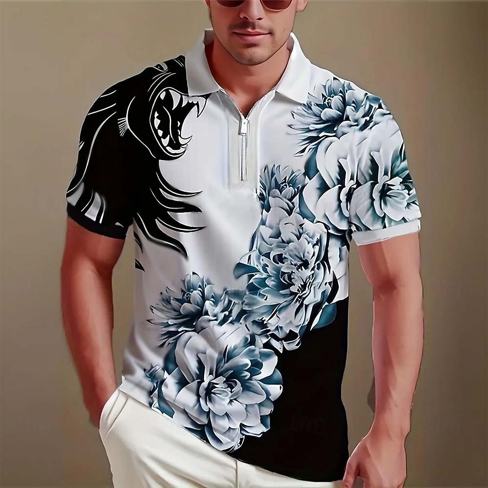 Per uomo Floreale Polo con zip Manica Corta Collo ripiegato Casual Quotidiano Moderno Athleisure Casual Quotidiano Cerniera Estate Rosso rubino Nero Rosso del 2026 a $22.99 –P1