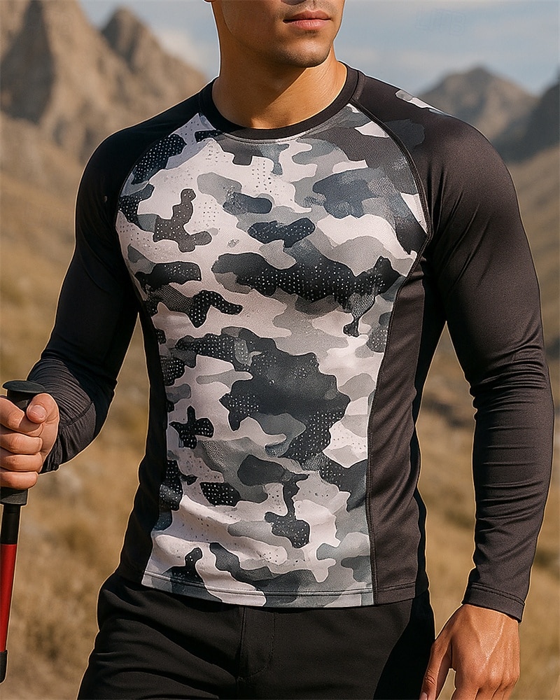 Herr Löpartopp T-shirts till vandring Vandringssweatshirt Långärmad Rund hals T-shirt Överdelar Utomhus Snabb tork Lättvikt Elastisk Andningsfunktion Pullover Polyester Kamouflage Svart Röd Marinblå 2025 - $12.79 –P4