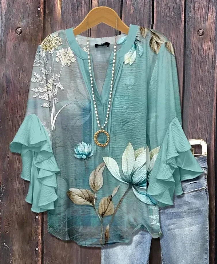 Damenbluse V-Ausschnitt Grafik Geometrisch Bohemia Vintage Täglich 3/4 Länge Ärmel Regelmäßige Oberteile Täglicher Urlaub Ferien Kleidung Druck Schwarz Weiß Gelb Grün Khaki Sommer Frühling Herbst 2025 - $29.99 –P1