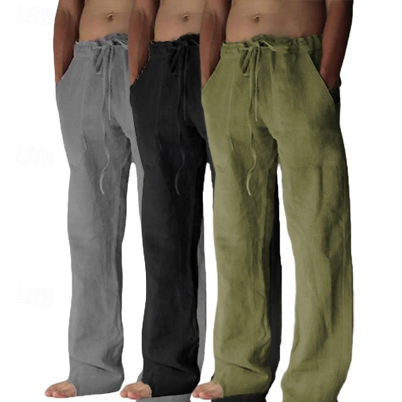 Homens Calças de linho Calças Calça verão Calças largas Calças de praia Bolsos Com Cordão Tecido Conforto Respirável Comprimento total Ioga Casual Diário Férias Estilo Clássico Khaki + Branco + Cinza de 2025 por $39.99 –P8
