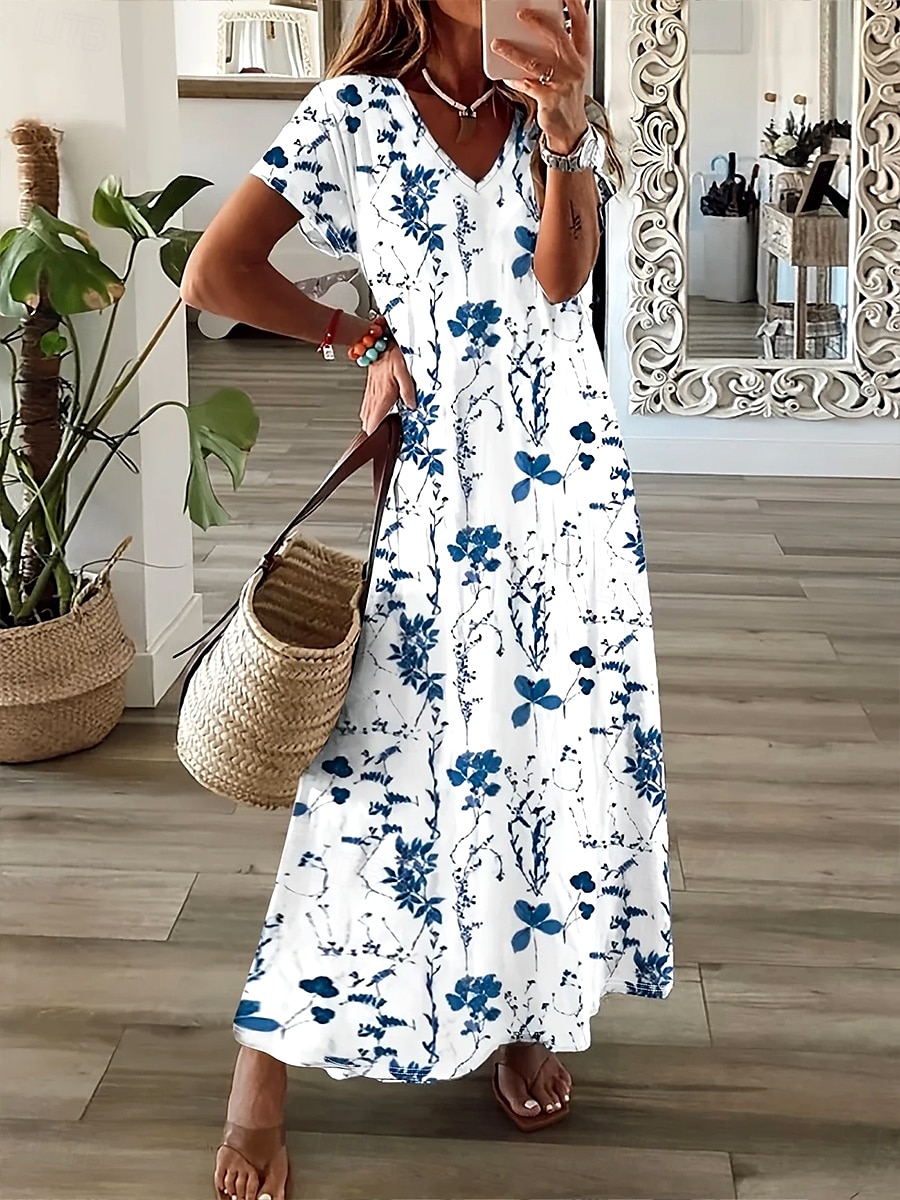 Femmes Robe maxi Robe Décontractée Robe d'Été Robe trapèze Élégant Vacances Occasionnel Fête Plage Coupe régulière Fleuri Graphique Manche Courte Col en V Blanche bleu marine Été Printemps de 2025 ? $28.99 –P1
