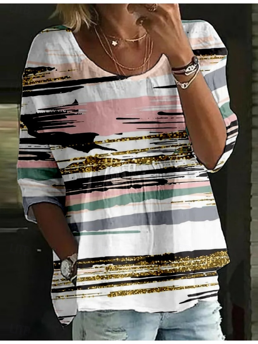 Dames Blouse Gestreept Stijlvol 3/4 mouw Strakke ronde hals Normale tops Dagelijks Feestdagen Afdrukken Zwart Blozend Roze blauw Fuchsia Donkergrijs Zomer 2025 - $16.99 –P3