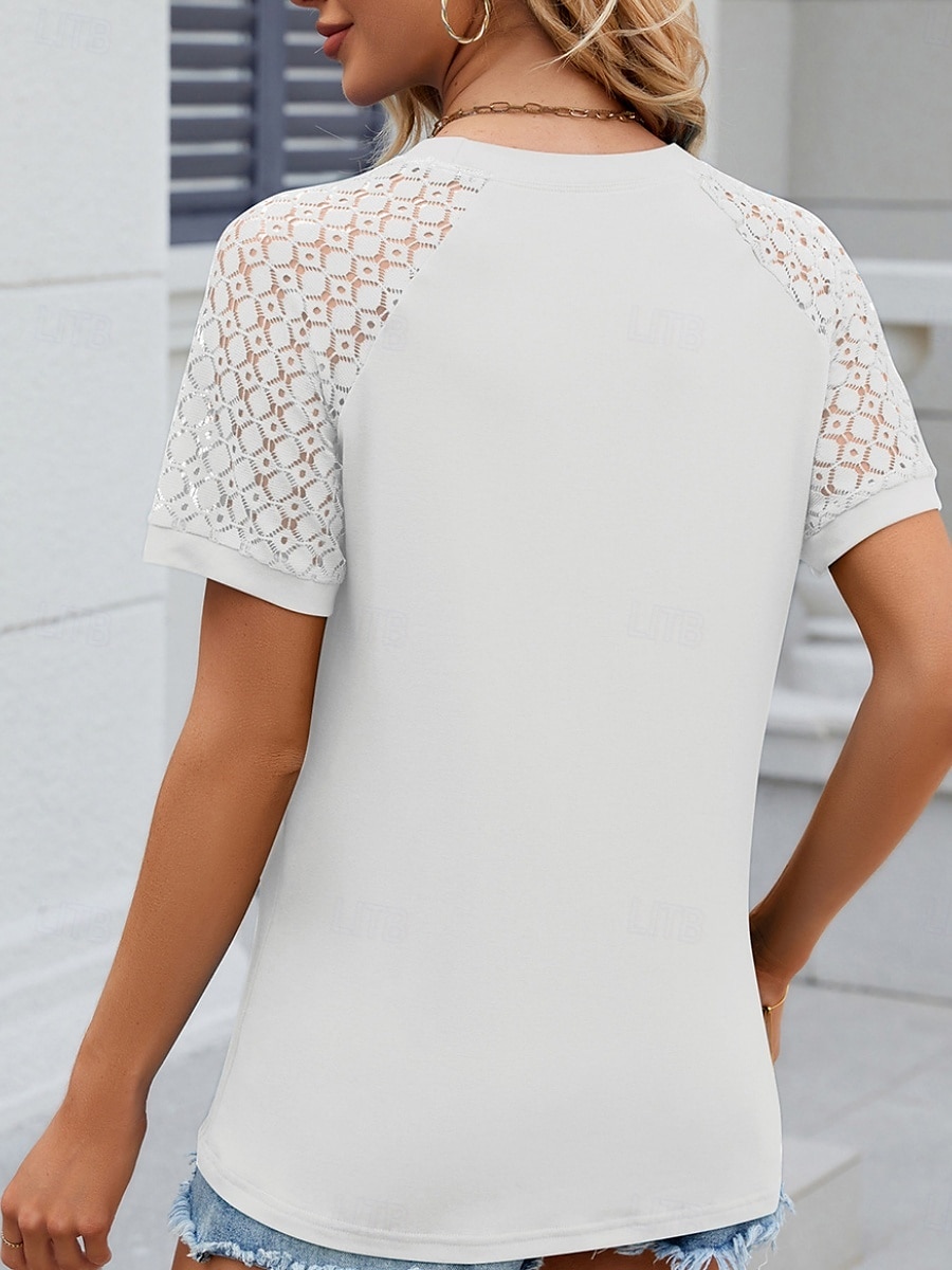 Damen T Shirt Einfach Mode Stilvoll Klassisch Kurzarm Rundhalsausschnitt Normale Oberteile Täglich Wochenende Patchwork Weiß Rosa Blau Khaki Sommer 2025 - $22.99 –P13
