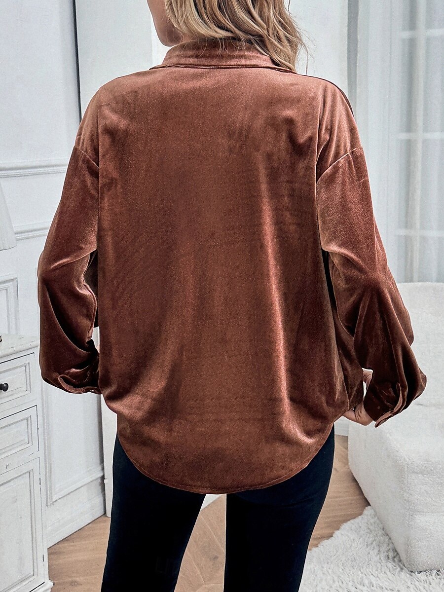 Damen Hemd Einfarbig Elegant Stilvoll Lässig Langarm Hemdkragen Normale Oberteile Täglich Knöpfe Rote Blau Braun Grün Sommer Frühling 2025 - $32.99 –P19