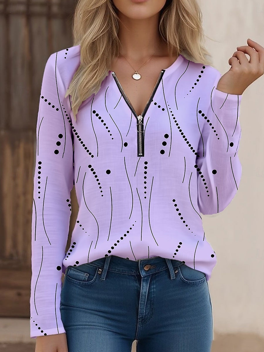 Femmes T-shirt Graphique À pois Élégant ancien Classique manche longue Col en V Hauts Réguliers Quotidien Week-end Fermeture éclair Imprimé Blanche Jaune Bleu Violet Été Printemps de 2025 ? $27.99 –P3
