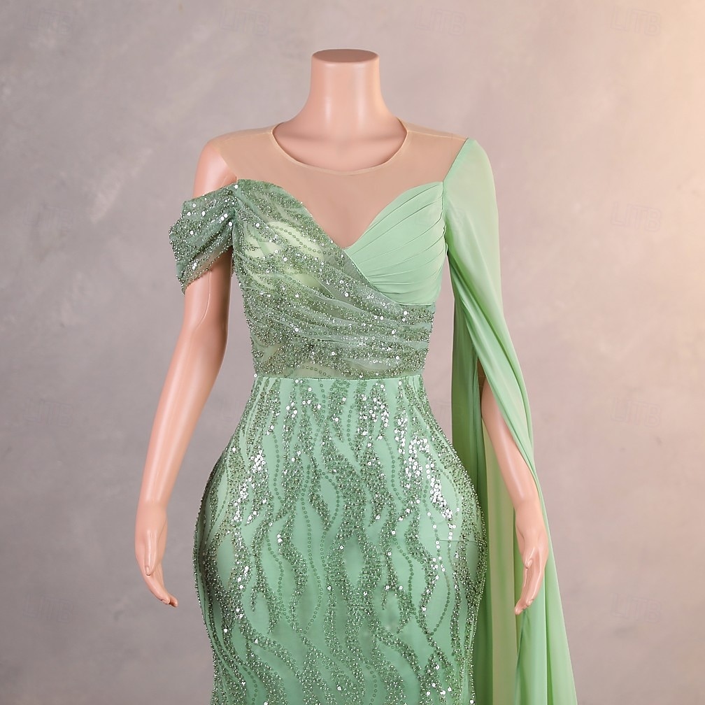 Vestido Elegante Sereia  Trompete Formal Casamento Comprimento do Chão Sem Mangas Decote Redondo Chiffon com Pérolas Lantejoula de 2025 por $355.29 –P1