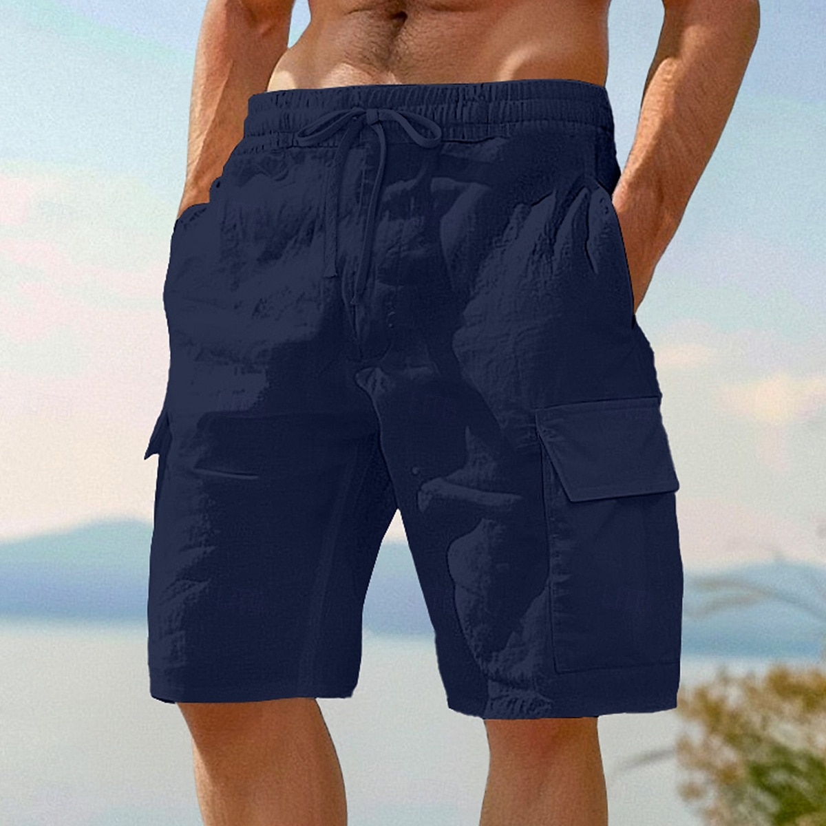 Homens Bermuda Cargo Calção Shorts de linho Shorts de verão Shorts de praia Cintura elástica Com Cordão Bolso multi Tecido Comprimento do joelho Ao ar livre Praia Férias Havaiana Preto Branco Sem de 2025 por $22.99 –P9