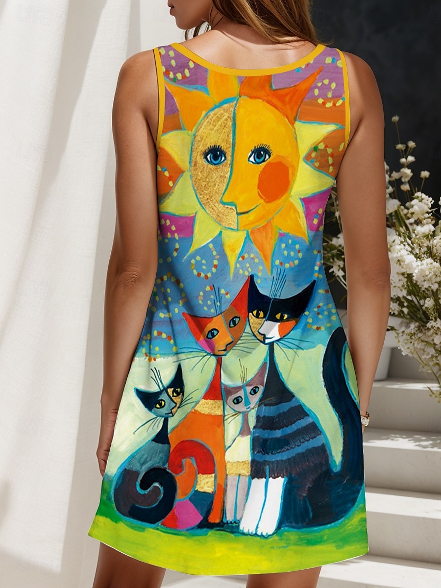 Damen Minikleid Sommerkleid Shiftkleid Schulterfreies Kleid Urlaub Lässig Outdoor Ausgehen Normale Passform Grafik Tiermotiv Katze Ärmellos V Ausschnitt Gelb Rote Blau Purpur Sommer Frühling 2025 - $21.99 –P2
