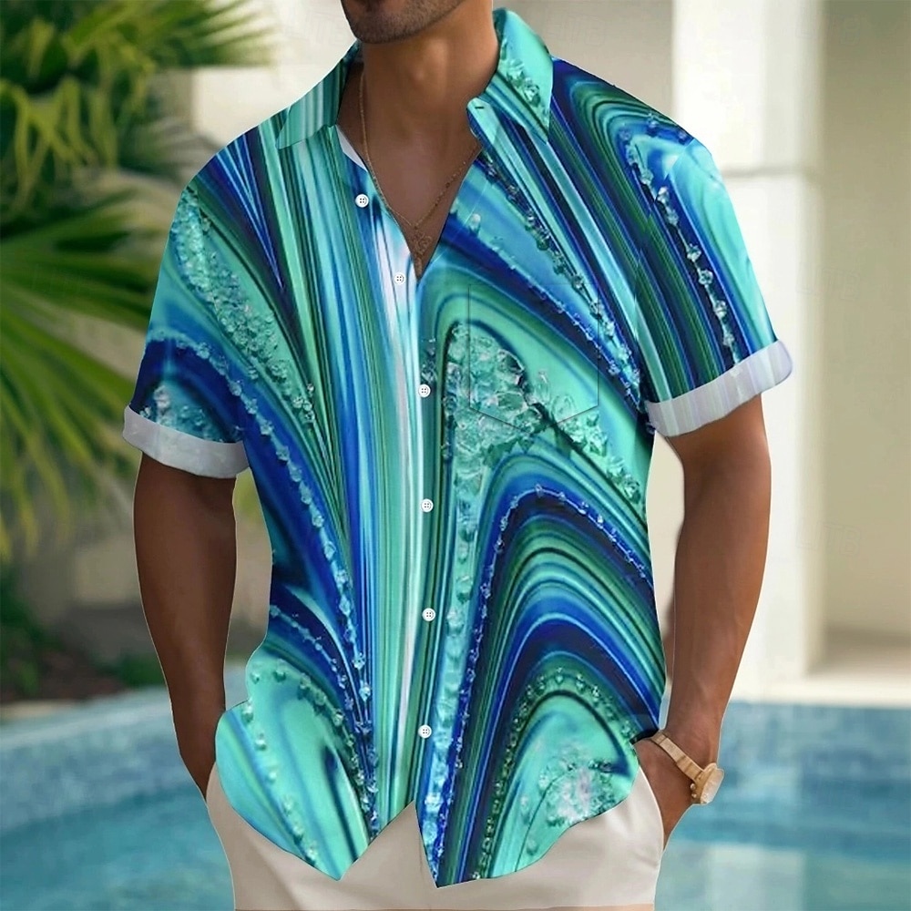 Herren Geometrisch Abstrakte Kunst Hemd Sommerhemd Knopfhemd Kurzarm Modisch lässig Outdoor Urlaub Alltagskleidung Sommer Frühling Umlegekragen 3D-Druck Hemden mit Kragen Eine Tasche vorne Blau 2025 - $23.99 –P1