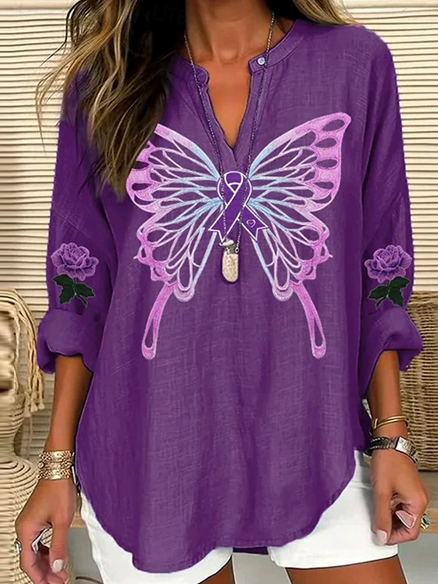 Damen Bluse Ombre Blumen Grafik Elegant Täglich Stilvoll Langarm V Ausschnitt Einkerbiger Ausschnitt Normale Oberteile Täglich Ferien Druck Weiß Violett Purpur Fuchsie Violett Sommer Frühling 2025 - $24.99 –P5