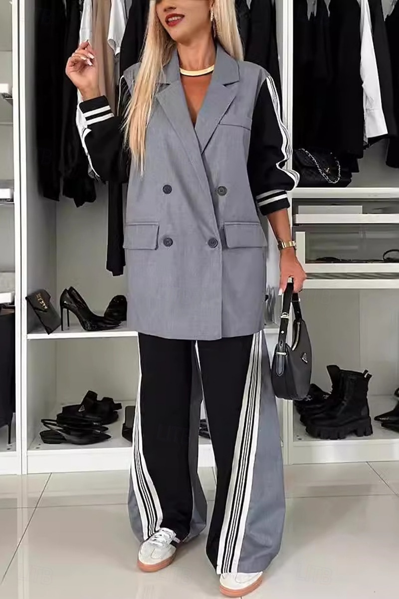 Γυναικεία Στυλάτο Δουλειά Σετ παντελονιών Blazer Suits Μακρυμάνικο Κλασικό Πέτο Ριγέ Στάμπα Causal Καθημερινά Γκρίζο Άνοιξη Κανονικό 2025 - $67.99 –P1