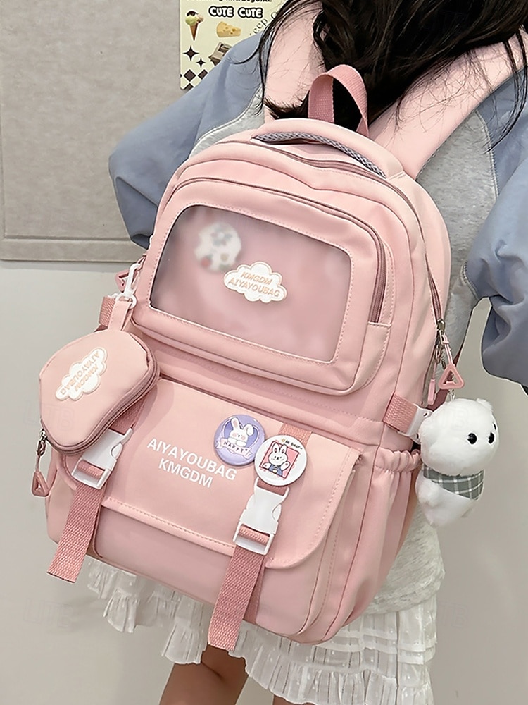 dziewczęcy plecak szkolny w kolorze makaroników - wodoodporny, o dużej pojemności, z ozdobnymi szpilkami, brelokiem w kształcie pluszowego misia i wieloma kieszeniami, odpowiedni dla nastoletnich uczennic i do codziennego użytku na uczelni 2026 - $34.99 –P1