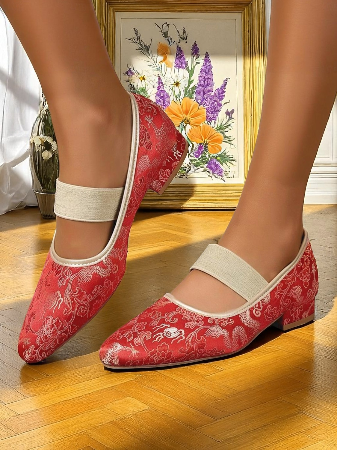 Ballerines Mary Jane en jacquard doré pour femme avec bride élastique – Chaussures à talons bas élégantes de style vintage des années 1950 pour mariages, goûters et occasions formelles de 2025 ? $32.99 –P1