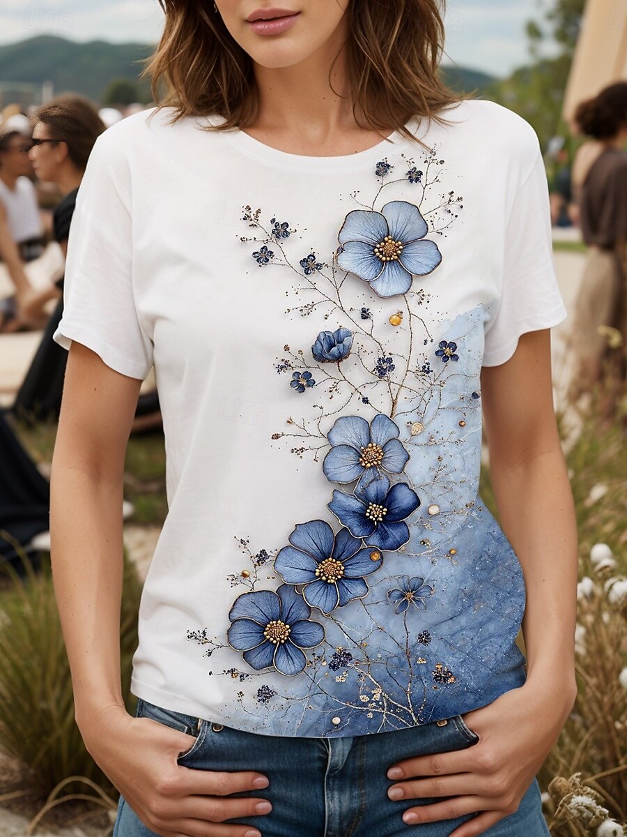 Femmes T-shirt Fleuri Graphique Plantes ancien Élégant Classique Manche Courte Col ras du cou Col rond Hauts Réguliers Quotidien Imprimé Noir et blanc Jaune Bleu Violet Fuchsia Été Printemps de 2025 ? $21.99 –P6