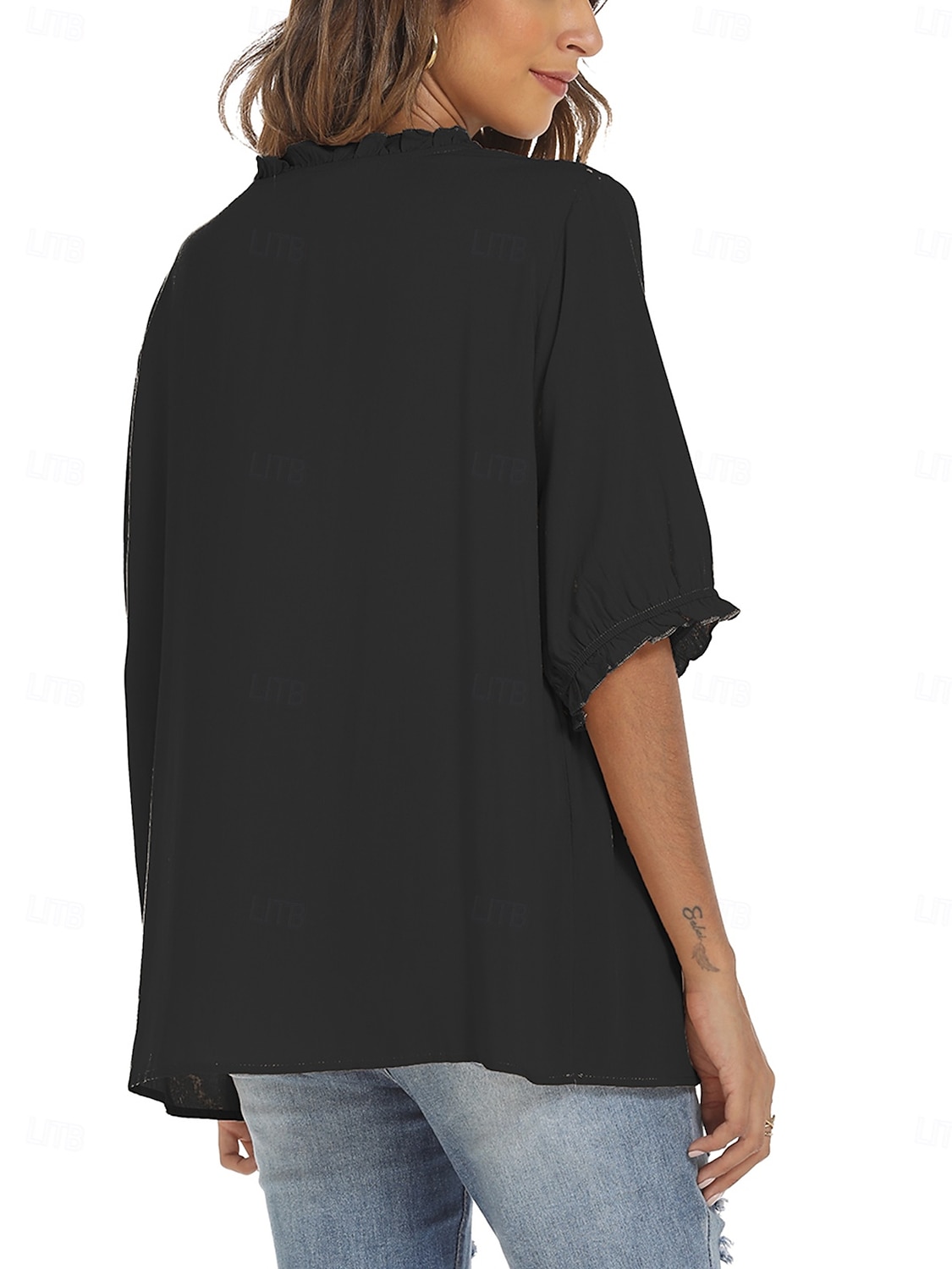 Damen Hemd Einfarbig Blumen Lässig Boho Dreiviertelarm Ellbogenärmel Rundhalsausschnitt Normale Oberteile Täglich Ausgehen Rüsche Bestickt Schwarz Weiß Rote Khaki Sommer 2025 - $24.99 –P9