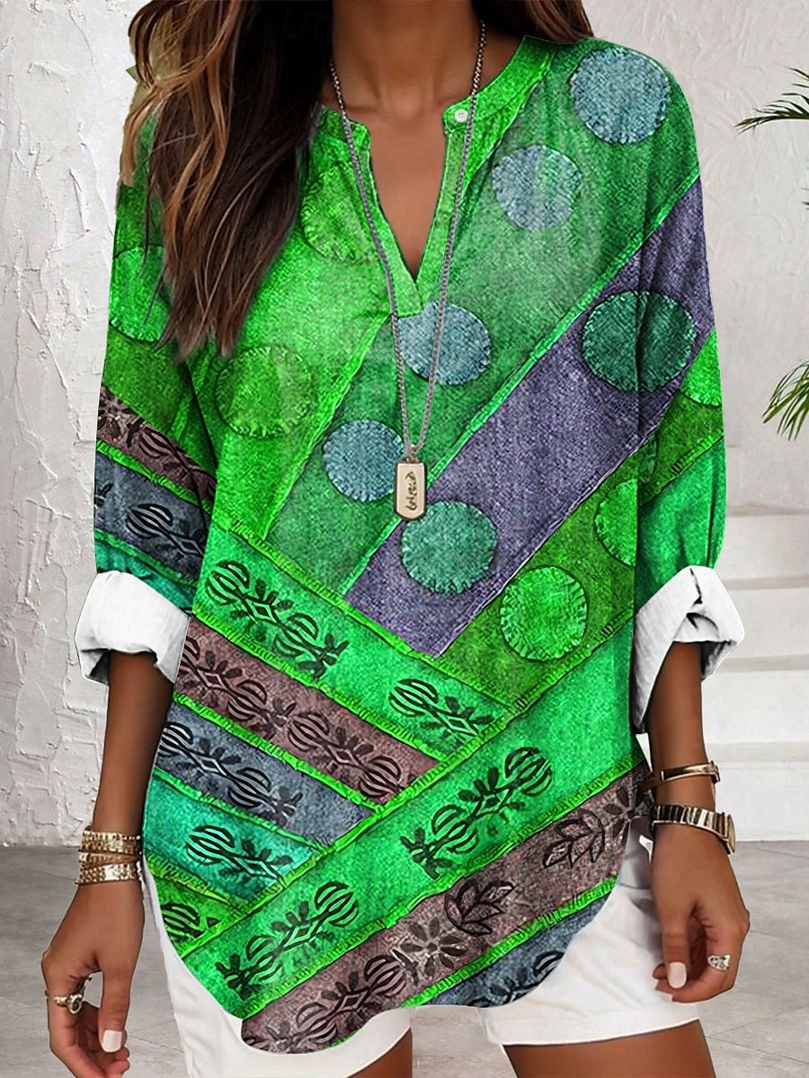 Dame Bluse Blomstret Grafisk Geometrisk Elegant Stilfull Langermet V-hals Vanlige topper Daglig Ferie Trykt mønster Rød Blå Lilla Grønn Sommer Vår 2025 - $24.99 –P4