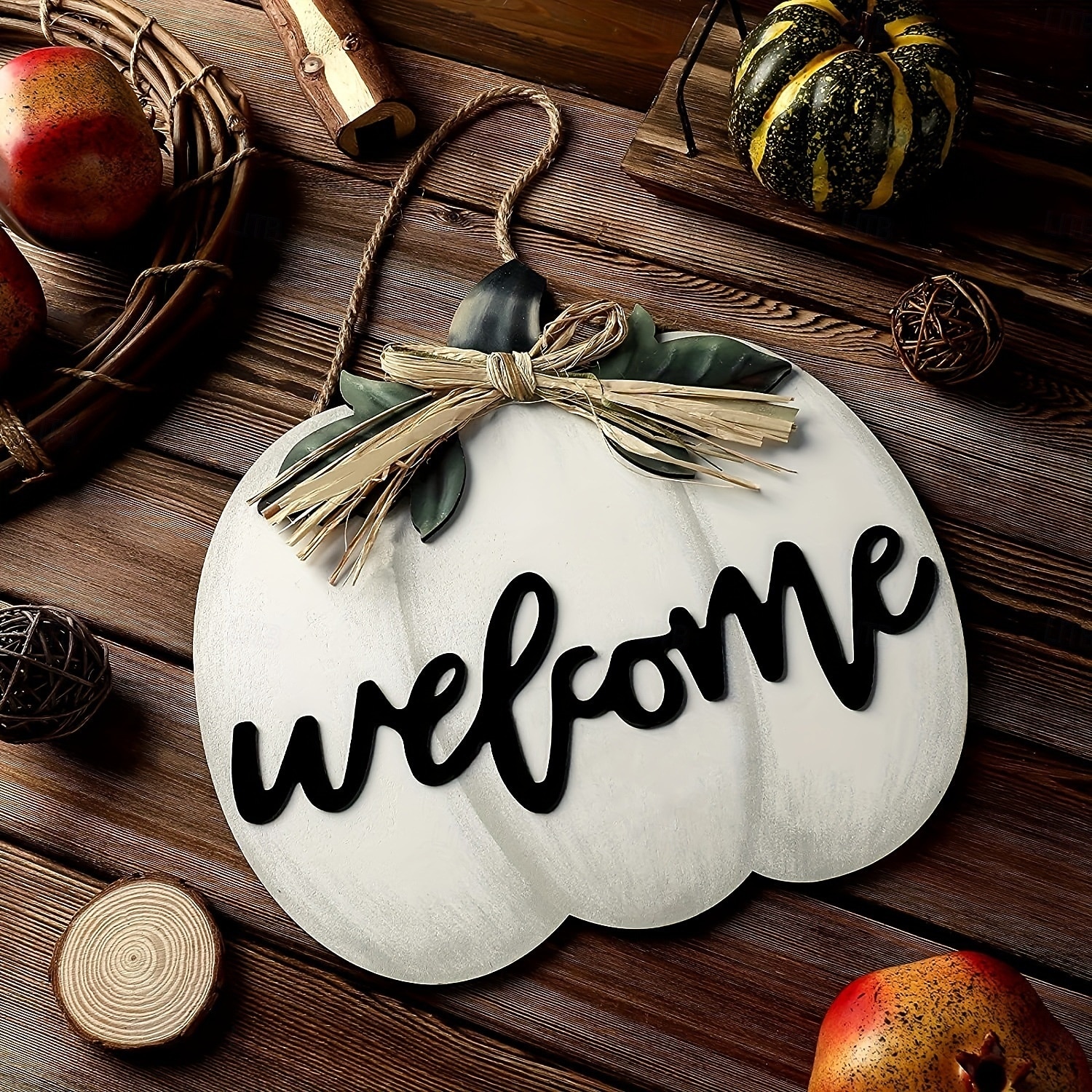 podzimní uvítací dřevěný věšák na dveře, halloweenská dýňová 3D kostkovaná cedule na přední dveře, rustikální závěsný věnec na verandu, podzimní bytová dekorace 2025 - $12.99 –P1