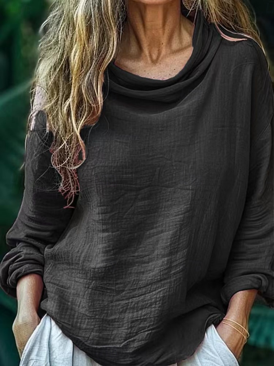 Dame Bluse Helfarge Daglig Fritid Langermet Cowl-hals Vanlige topper Daglig Drapering Svart Rosa Blå Fuksia Grå Sommer Vår 2025 - $21.99 –P4