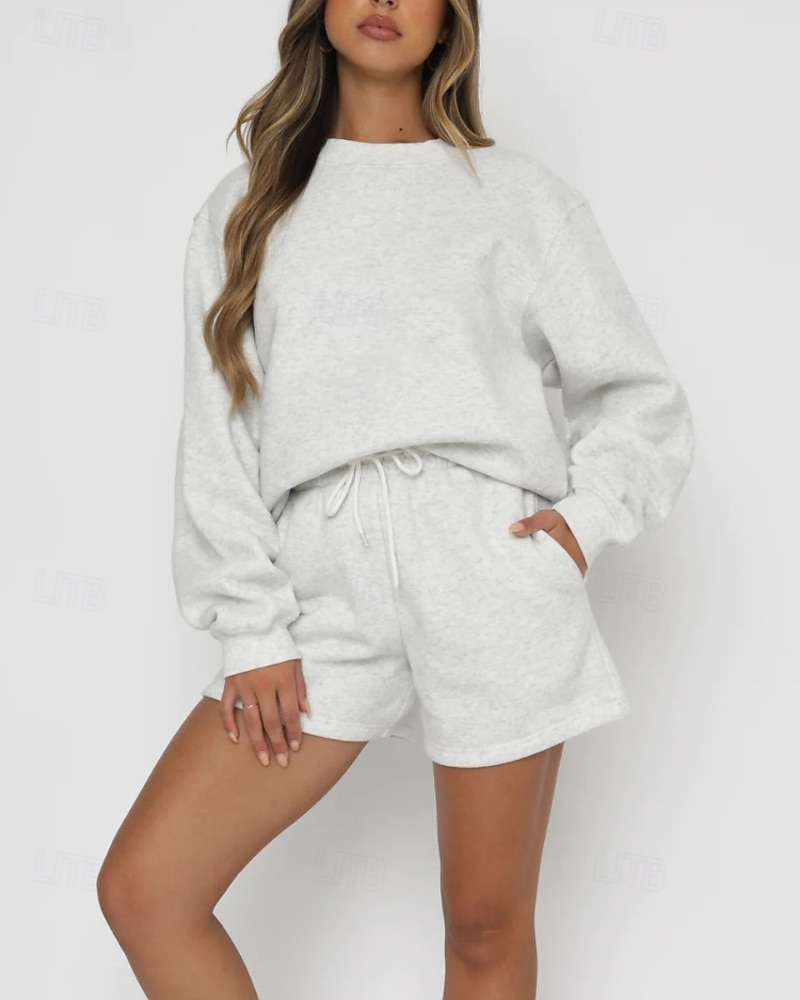 2025年 女性用 トラックスーツ プルオーバースウェットシャツ スウェットショーツ レース ソリッド スーツウェア 秋 Темный хаки ブラック ジム アスレイジャー ランニング 防風 長袖 スポーツ アクティブウェア 伸縮性あり レギュラー  コレクション – $25.99 –P16