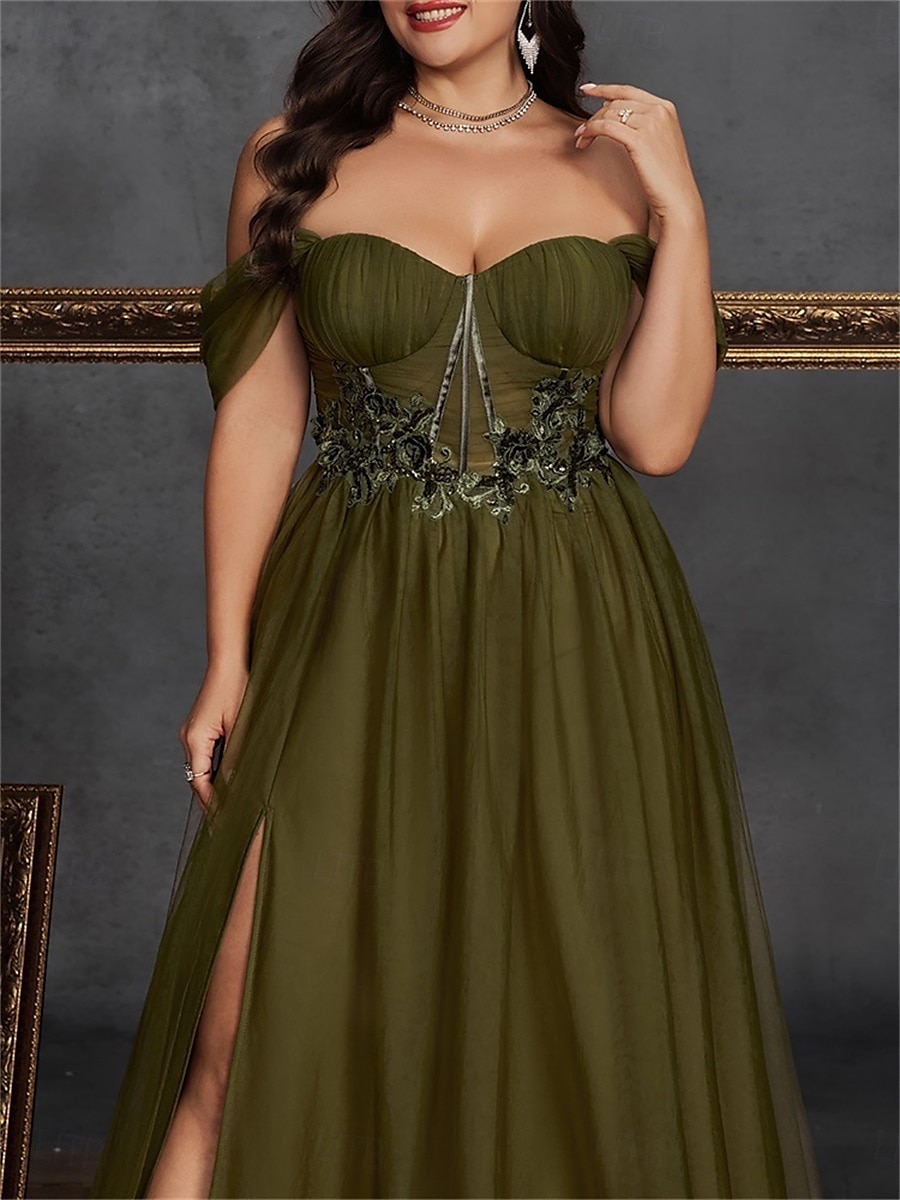 Vestidos A-Line Plus Size Vestido Curvo Elegante Formal Casamento Comprimento do Chão Sem Mangas Ombro Descido Chiffon Costas à Mostra com Fenda 2025 de 2025 por $129.99 –P2