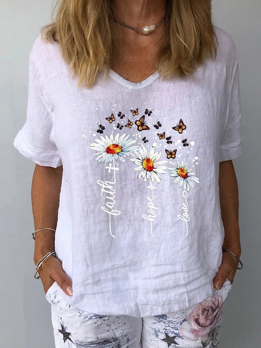 Femmes T-shirt Fleuri Graphique Plantes ancien Élégant Classique Manche Courte Col en V Hauts Réguliers Quotidien Week-end Imprimé Blanche Jaune bleu marine Bleu Gris Été de 2025 ? $19.99 –P1