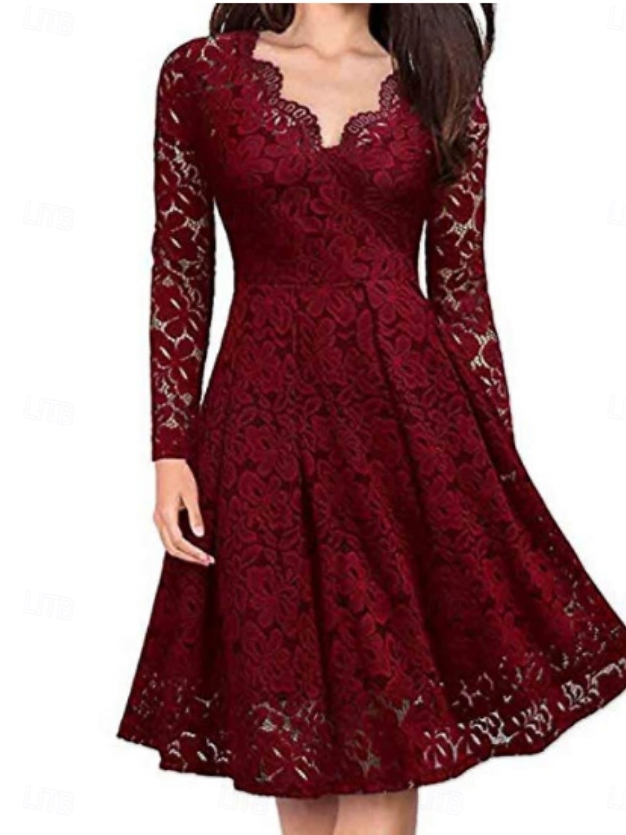 Damskie Sukienka mini Sukienka A line Codzienny Urlop Biuro Regularny Równina Długi rękaw W serek Czarny Czerwony Granatowy Fioletowy Wiosna Jesień 2025 - $34.99 –P4