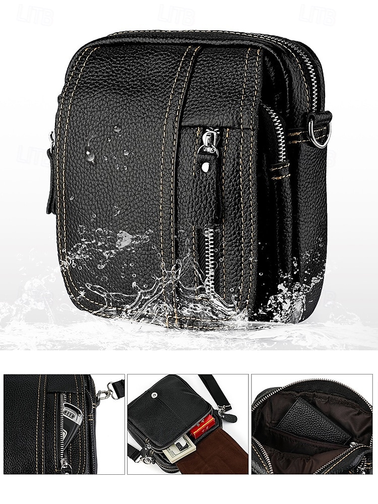 Men's genuine leather messenger bag with zipper pocket, Retro style, Can be inserted into the belt to use as a waist bag, Suitable for outdoor travel, Hiking, Camping or western cowboy wear 2025 - $26.99 –P10