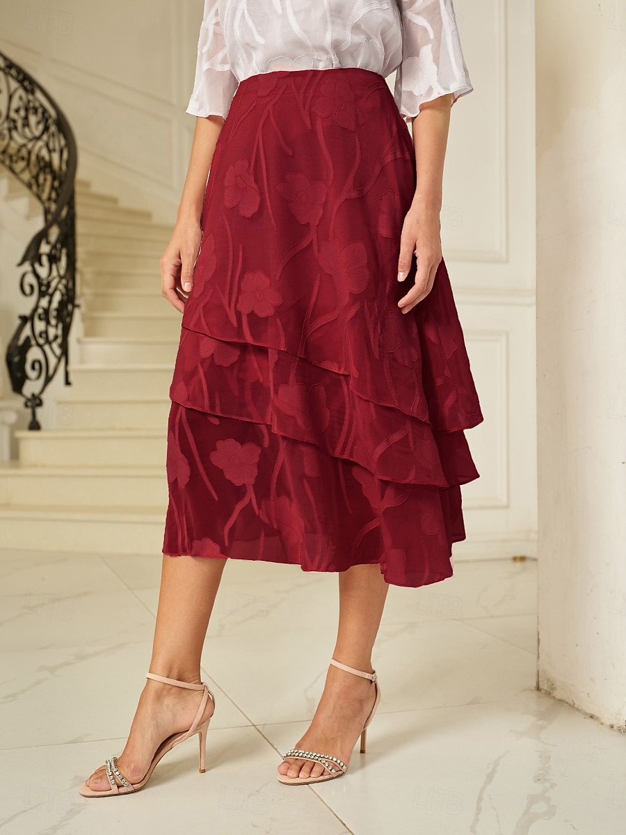 Dame الالتفاف Elegant Midi Medium Midje Skjørt Blomster Multi Layer Uelastisk Fest Avslappet Vin Sommer Chiffon 2025 - $59.99 –P3