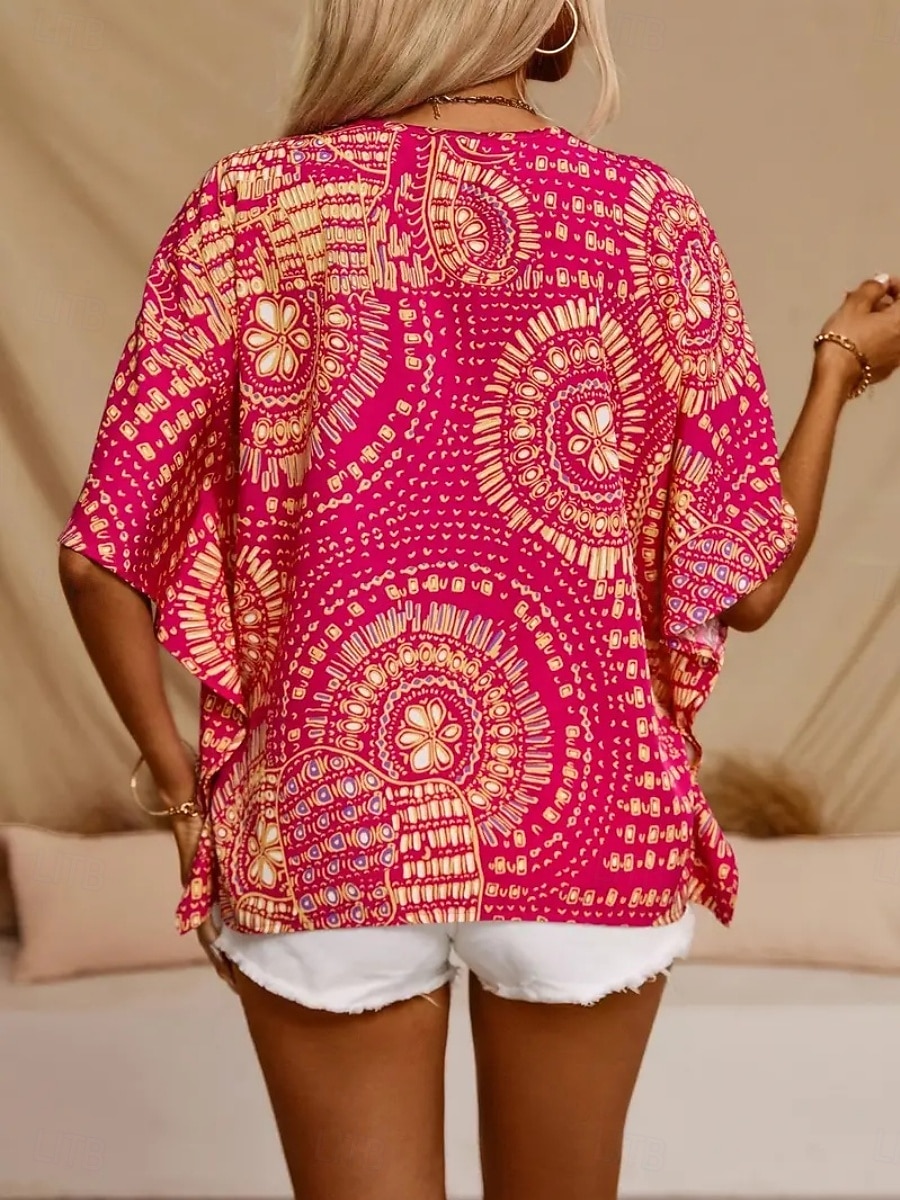Women's Blouse Print Floral Graphic Bohemia Vintage Casual 3/4 Length Sleeve V Neck Regular Tops Daily Black Red Orange Green Summer Spring Fall 2026 - $19.99 –P3